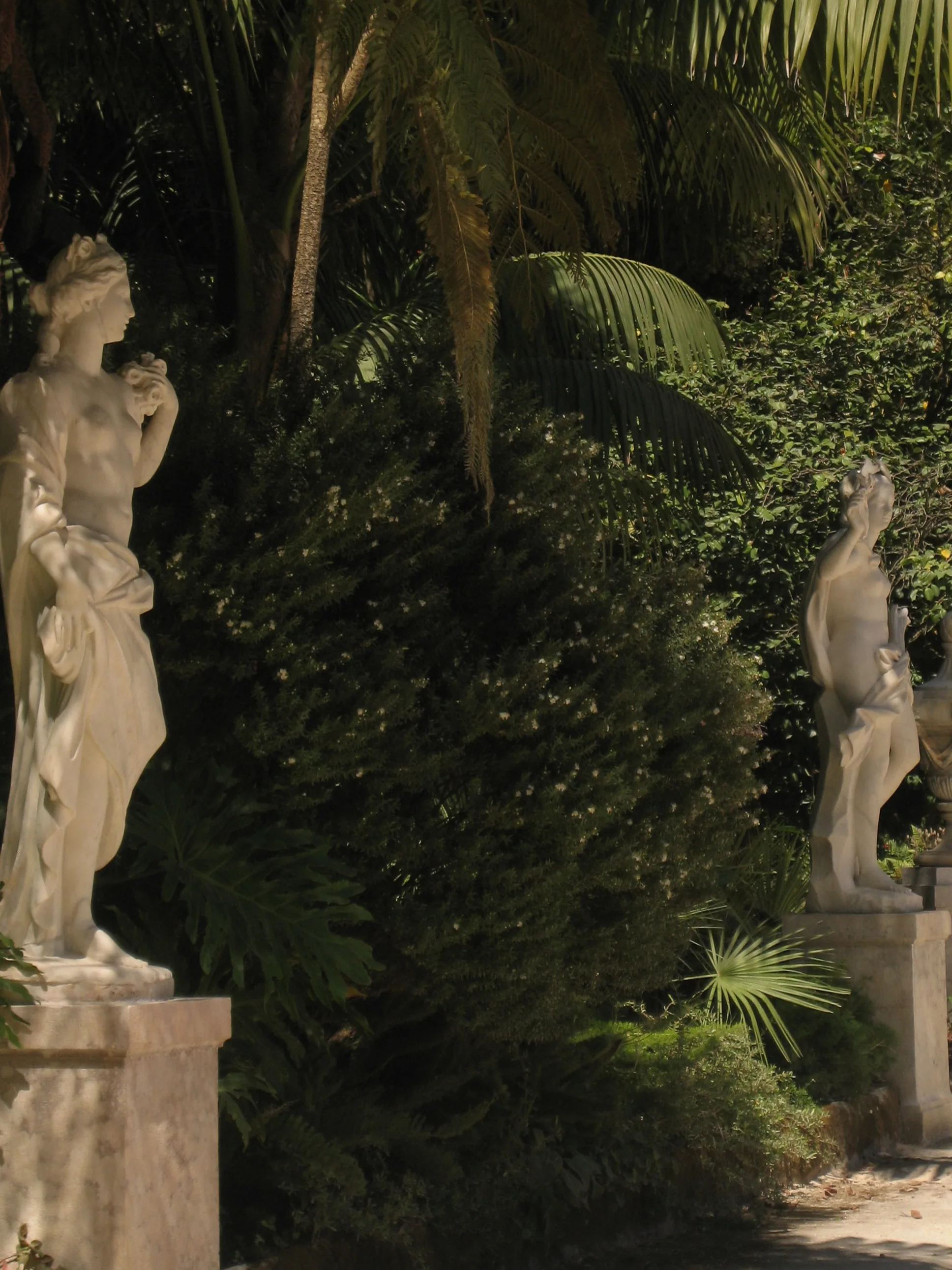 Due statue di marmo chiaro fra palme e felci in un giardino mediterraneo in ombra
